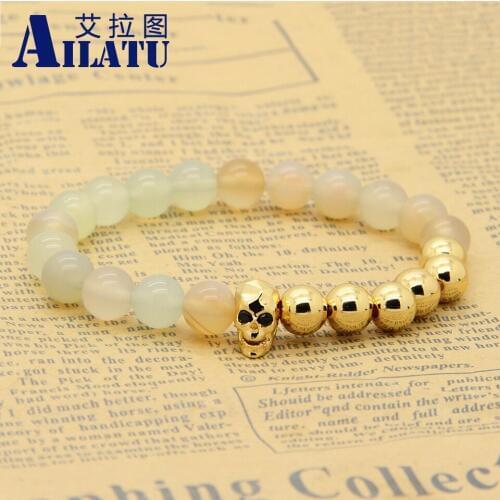 Ailatu High Grade Magic 8mm A Grade Colorful Stone Beads with Micro Pave Cz Faceted Skeleton Skull Bracelet Pulseira Hombres