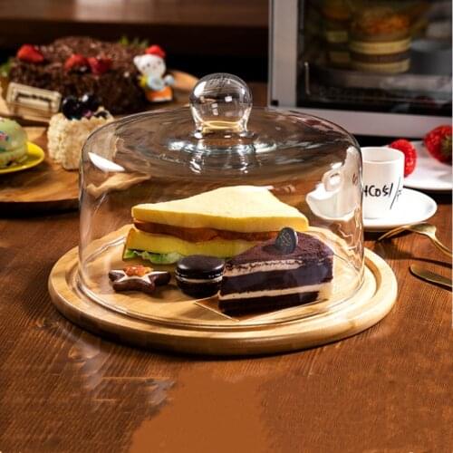 Lead-free Transparent Glass Cover Cake Tray Dessert Preservation Cover Cake Tray Dust-proof Display Glass Cover with Bamboo Tray