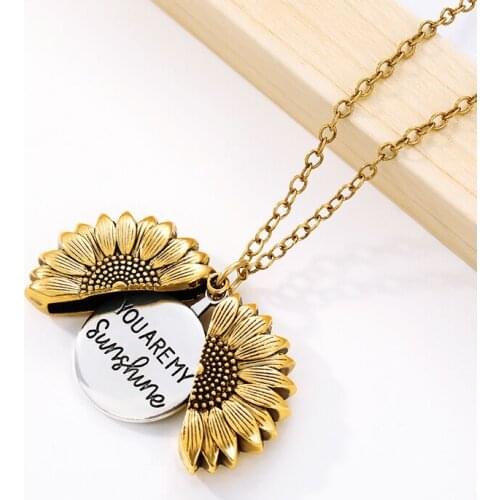 Bohemian Fashion Mia Sunflower Double Open Metal Pendant Necklace Ladies Long Chain Necklace Lettering You are my sunshine