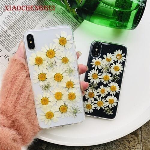 Small daisy Dried Real Flower Handmade Clear Pressed Phone Case For iPhone 6 6S 7 8 Plus X XS XR 11 12 pro max Soft Back Cover