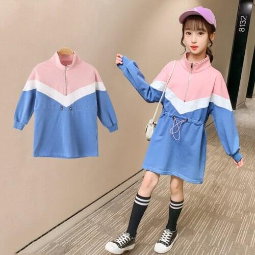 Baby Girl Dress Children Clothing Autumn Color Matching Kids Long-Sleeved Sweatshirt Dresses For Girls Waisted Hoodies Dress