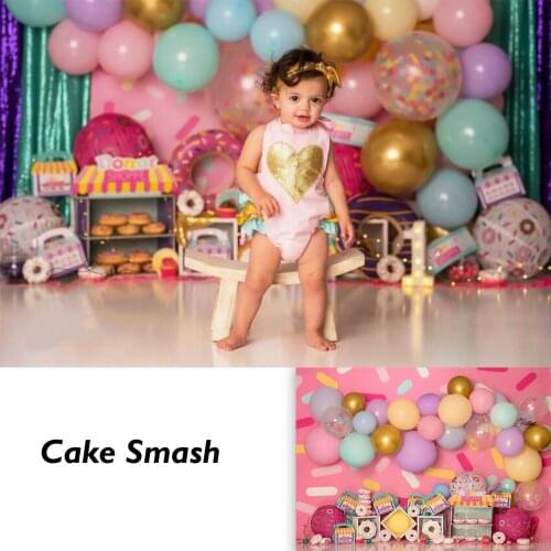 Donuts Birthday Cake Smash Backdrop Girl 1st Birthday Colorful Curtain Pink Balloon Donut Sprinkle Newborn Kids Portrait Photo