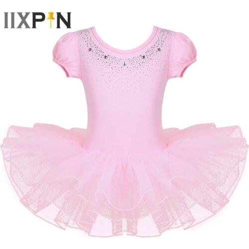 IIXPIN Girls Ballet Tutu Dress Mesh Bubble Sleeves Sparkly Rhinestones professional ballet tutu Dance Dress Gymnastics Leotard