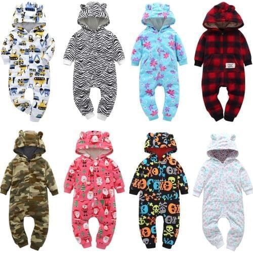 New Spring Autumn Children Fleece Romper Baby Boys Girls Hooded Climbing Clothes Infants Christmas Cartoon Jumpsuits