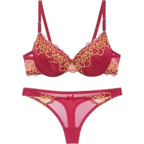 Embroidery Underwear Set Women Bras Fashion Push Up Bra Sets Red Sexy Lace Brassiere A B C Cup 32 34 36 38 40
