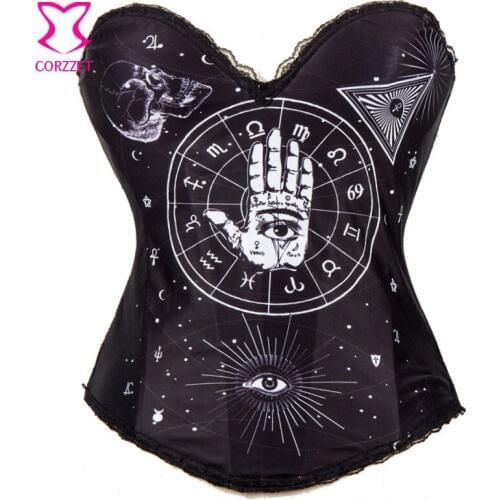 White Palm & Eye Print Black Cotton Waist Trainer Corsets Bustier Sexy Corset Push Up Korset Steampunk Corselet Gothic Clothing