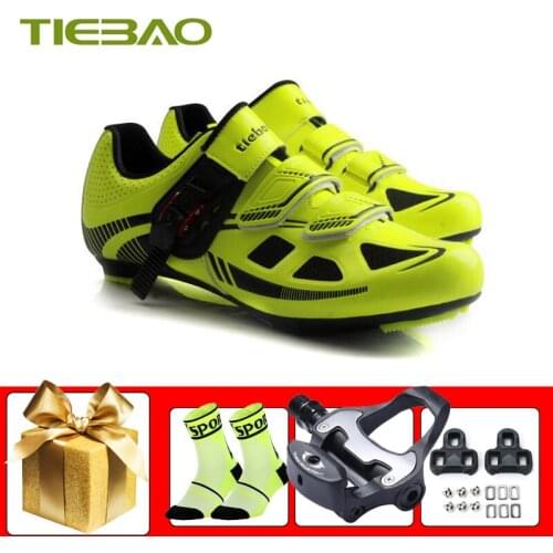 TIEBAO Zapatillas Ciclismo Road Cycling Shoes Breathable Self-locking Bicicleta Triatlon Racing Bicycle Sneakers Add Road Pedals