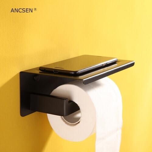 Matte Black Bathroom Toilet Paper Holder Sanitary Paper Roll Holder Paper Towel Holder Mobile Phone Bathroom Multifunction Shelf