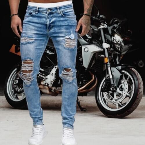 Hot Men Ripped Skinny Jeans Blue Biker Hole Pencil Pants Locomotive Party Casual Trousers Street Clothing Denim Men Clothing