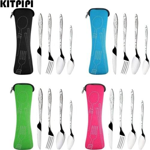 4Pcs Steel Fork Spoon Set Dinnerware Portable Printed Fork Steak Knife Travel Cutlery Tableware With 4 Colors Bag Suit