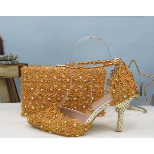Golden Lace Flower Wedding Shoes And Bags Set Pointed Toe Ankle Strap Party shoe with matching purse Lace-up color Thin 9cm Pump