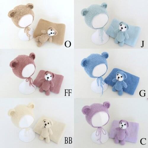 Newborn Stretch Knit Wrap Outfit Angora Teddy Bear Bonnet Toy and Jersey Wrap Set Photography Props Baby Fabric Layer