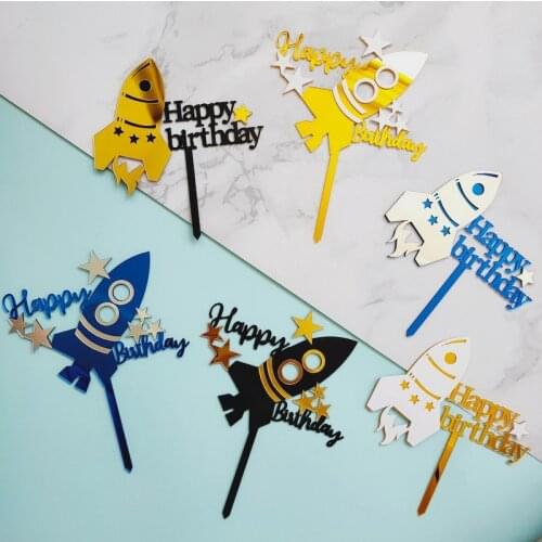 New Double Acrylic Aviation Theme Rocket Happy Birthday Cake Topper Kids Birthday Party Decoration Supplies Boy Favors
