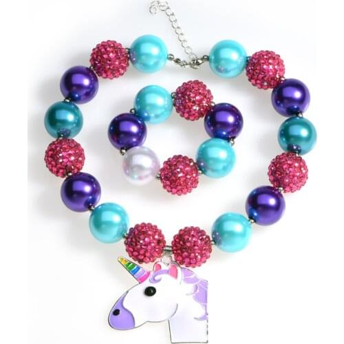 Unicorn Pendant Animal Chunky Bead Necklace Girls Bubblegum Necklace and Bracelet Set Handmade Toddler Necklace Gift for Kids