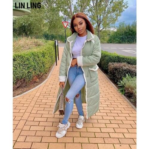 Fashion Loose Long High Down Granule Down Big Pocket Down Jacket Lapel Button Down Cotton Jacket