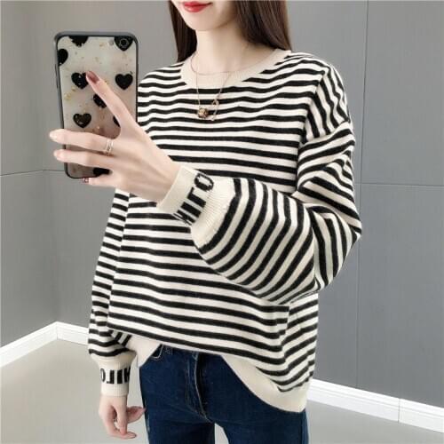 Sweater Female Style for Autumn and Winter Korean Version of the Loose di yuan ling Striped Hoodie with Sleeves Lazy Wind