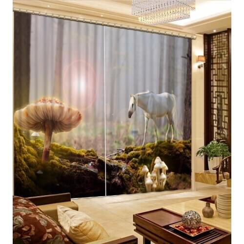 3D Curtain Photo Customize Size Wood White Horse Mushroom Curtain Bedroom Living Room Office Cortinas Breakdown Bathroom Shower