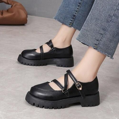Lolita Shoes Cross-tied Mary Janes Shoes Buckle Strap Platform Shoes Med Heels Women Oxford Shoes Leather zapatos mujer 9240L
