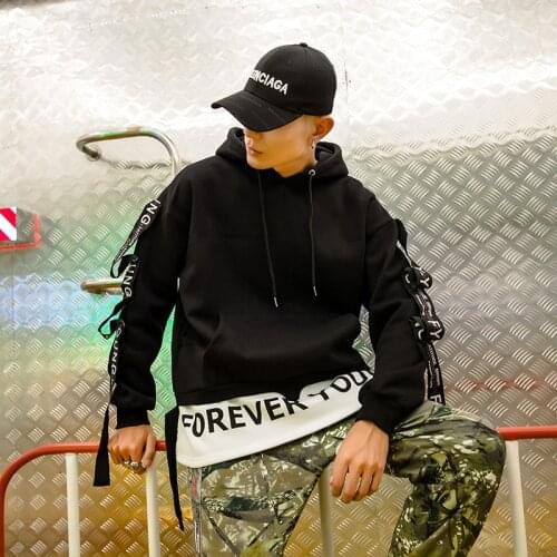 Harajuku Hip Hop Streetwear Streamers Decoration Plus Fleece Thick Hooded Sweatshirt Men Fashion Casual Loose Cotton Hoodies Top