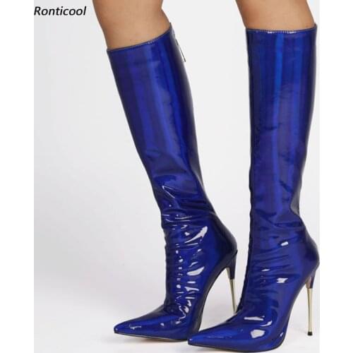Ronticool Women Glossy Winter Knee Boots Back Zipper Stiletto Metal Heel Pointed Toe Blue Purple Party Shoes Plus US Size 5-13