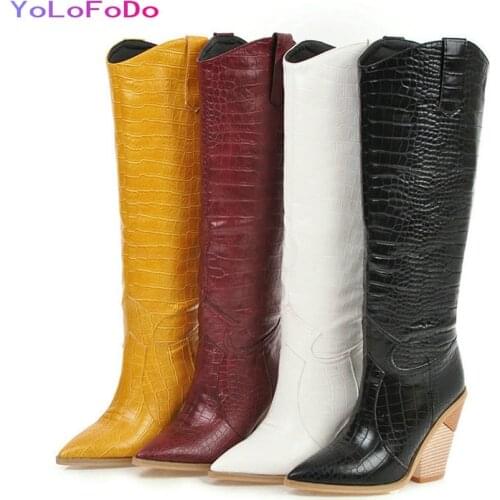 2021 Autumn Winter Women Western Boots Pointed Toe Wedges Heel Knee High Boots PU Leather Slip on Ladies Motorcycle Boots