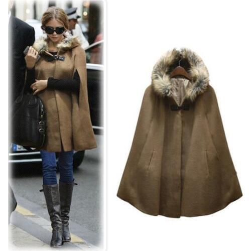 Discounted Women Woolen Cloak with Black and Camel Color, Ladies Faux Fur Hooded Woolen Cloak