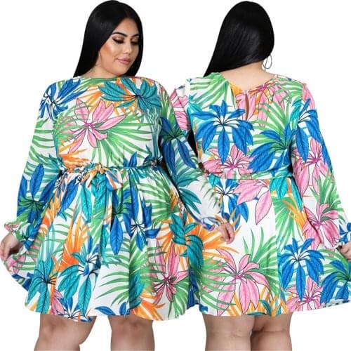 Plus Size Dress Summer Fashion Round Collar Belt Long Sleeve Loose Blue Leaf Print Swing Women Clothing Wholesale Dropshipping