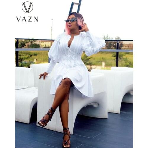 VAZN New 2021 Full Sleeve White Color Beach Solid Boho Beach Holiday Dress Sexy Regular Dress Women Elegant Fashion Dress