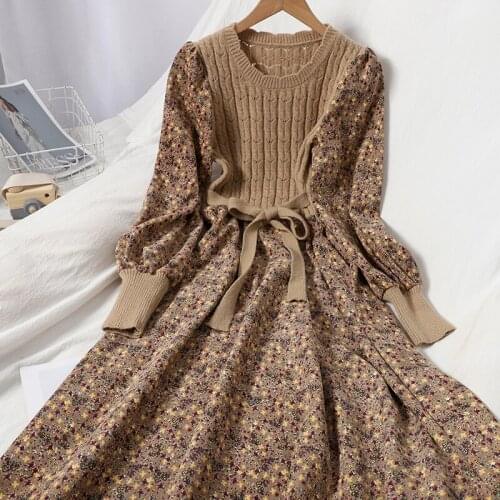 Corduroy Floral Women Dresses Vintage Knitted Patchwork Vestidos De Mujer 2021 Sweet Korean Long Dress A-line