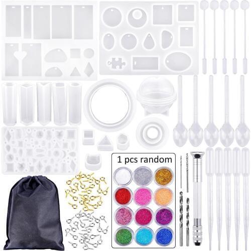 159pcs DIY Crystal Glue Jewelry Casting Mold Mold Tools Set with 12pcs Glitter Powder for Handmade Pendant Crafts Supplies