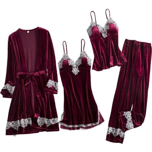 4PCS Velour Sleepwear Sleep Set Womens Nightwear Robe V-Neck Pijamas Autumn Softy Gown Sleepshirt Pajamas Suit Negligee Homewear