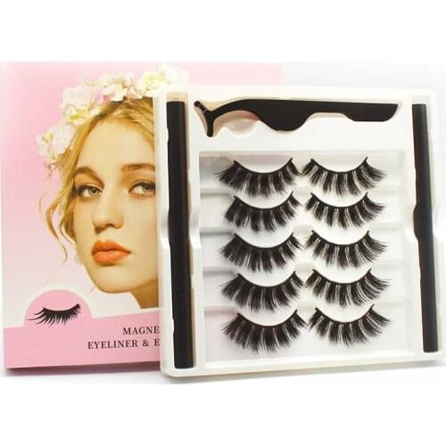 5 Pairs of False Eyelashes with Eyeliner Clip Set, Natural and Long Style, Black Eyeliner, Naturally Smooth, Pink Box