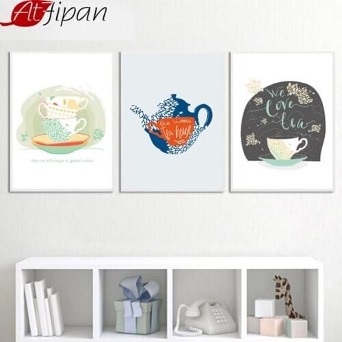 Atfipan Nordic Style Framed Teapot Cup Canvas Painting HD Printed Lettering Art Pictures For Modern Home Living Room Wall Decor