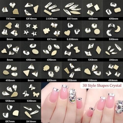 Hot Sale 30 Style Crystal Clear Nail Art Rhinestones Holo Flat Shapes Glass stones 30Pcs/Pack For 3D Nails Art Decoration