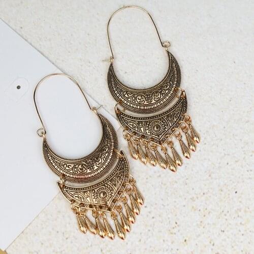 KL30F4H Mixed Metal Brass Moon Boho Earrings Phase Tribal Gypsy Aesthetic Jewelry Crescent Fringe Tassel Hoop Earrings Hammered