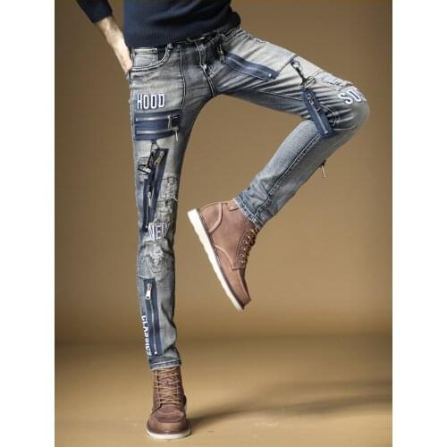 Free Shipping New 2019 Male fashion mens jeans Slim street card hole mens rock metal hip hop old embroidery denim trousers