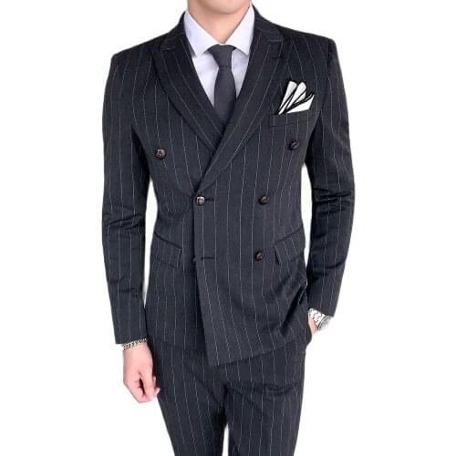 Stripe Men Suit Coat Set Male Double Breasted Slim Fit Business Formal Wedding Grooms 3 Pieces Set Blazers Jacket Pants Vest