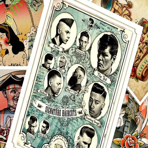 Retro Hairstyle Tattoos Patterned kraft Paper Poster Wall Stickers Art Print Painting Hair Salon Gallery Bar Barber Shop Decor