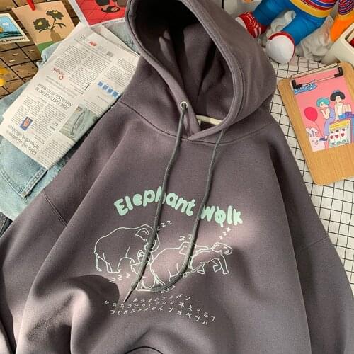 New Japanese Fashion Kanji Elephant Cartoon Hoodies Sweatshirt Women Long Sleeve Tops 2021 Autumn Hip Hop Harajuku Teens Clothes