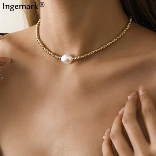 2021 New Fashion Baroque Pearl Acrylic Chain Necklace for Women Collares Wedding Simple Kpop Punk Beaded Choker Necklace Jewelry