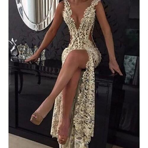 Sexy Prom Dress Sheath Deep V-neck Lace Slit Long Prom Gown Evening Dresses Robe De Soiree