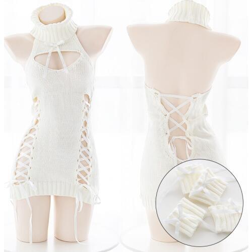 Sexy Japanese Corset Strap Virgin Killer Sweater Dress Women Open Chest Turtleneck Knitwear Backless Anime Cosplay Bandge Tops