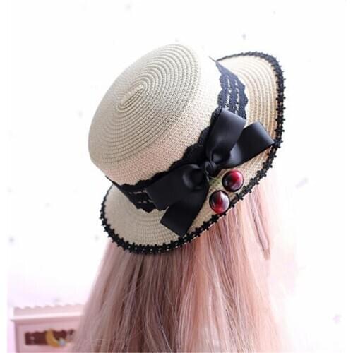 Cherry Mori Girl Summer Straw Hats Women Beach Sun Hat Lolita Lace Bow Ribbon Round Flat Top Headwear B1032