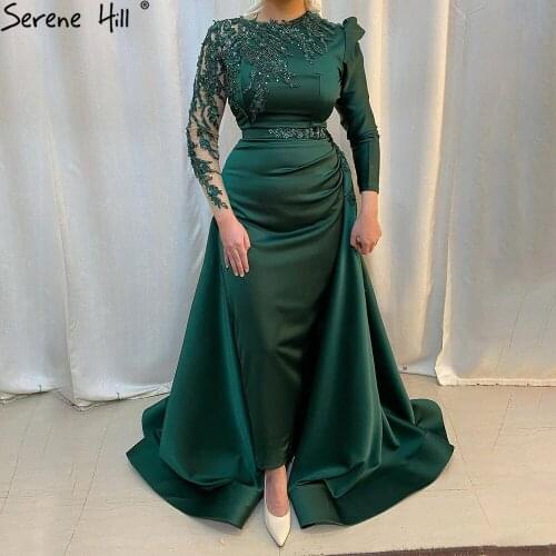 Serene Hill Green Mermaid Satin Luxury Beaded Evening Gown 2021 Modest Long Sleeves For Muslim Women Formal Party Dress CLA71124