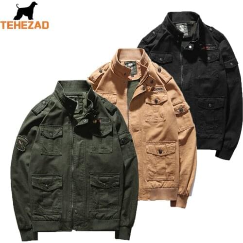 TEHEZAD Men Jacket Workwear Plus Size Mens Retro Embroidery Four-Season Coat Cotton Washed Jacket Multi-Pocket Outer Clothes