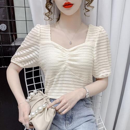 All-match solid color lace t-shirt square neck loose short sleeve 2021 summer female Korean style temperament fashion blouse