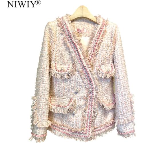 NIWIY Brand Luxury Woven Tweed Winter Jacket Casacas Para Mujer Invierno 2021 Long Sleeve Pink Women Jacket Casaco N9328
