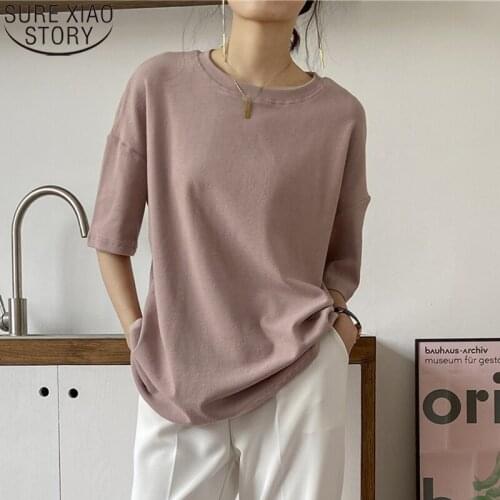 Women O-Neck Simple Solid Bottoming Shirts Plus Size Loose Fashion Summer Loose Oversize Cotton Short Sleeve T Shirt TShirt 9669