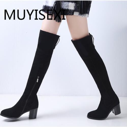 Full Genuine Leather 7cm High Heel Women Winter Boots Thigh High Boots Black High Over the Knee Warm Antiskid LDI06 MUYISEXI