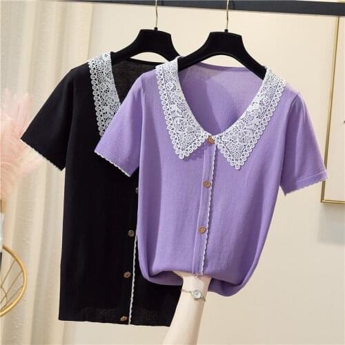 Womens Lace V Neck Knitted Thin Sweater Tops Woman Slim Puff Sleeve Solid Summer Oversized Sweaters Pullovers Tee Female